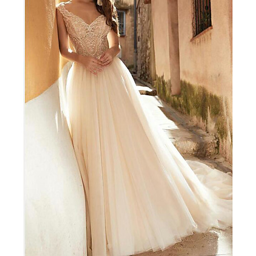 

A-Line Wedding Dresses V Neck Court Train Lace Tulle Sleeveless Sexy See-Through with Embroidery 2020