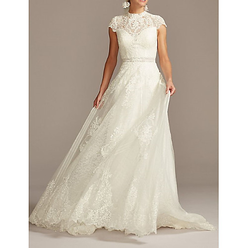 

A-Line Wedding Dresses High Neck Sweep / Brush Train Lace Tulle Short Sleeve Country See-Through with Lace Embroidery Appliques 2021