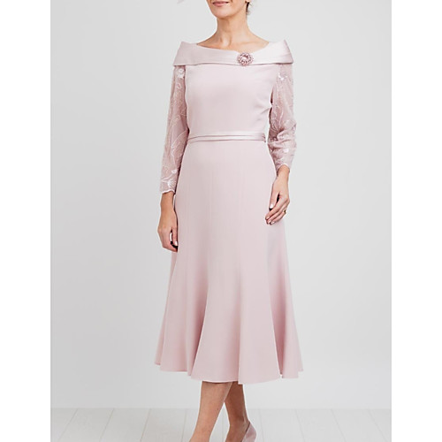 

A-Line Mother of the Bride Dress Elegant Bateau Neck Ankle Length Lace Satin 3/4 Length Sleeve with Pleats Beading 2021