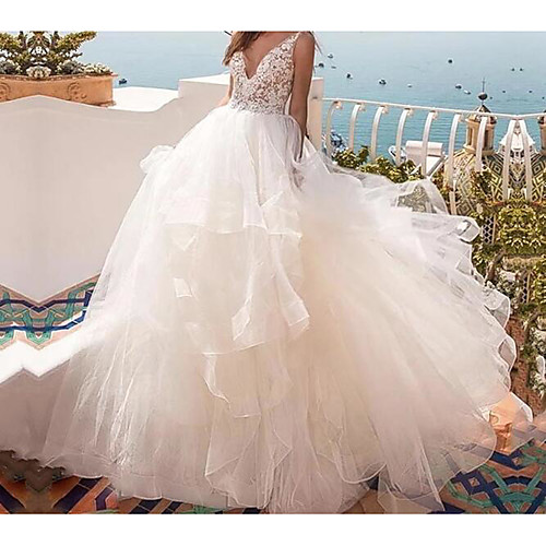 

Ball Gown Wedding Dresses V Neck Sweep / Brush Train Lace Tulle Sleeveless Country Sexy See-Through with Cascading Ruffles 2020