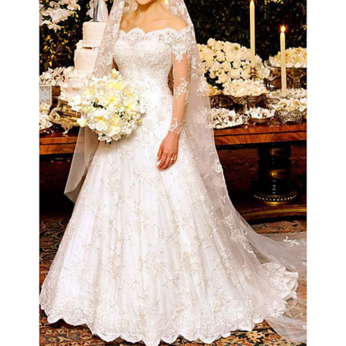 

A-Line Wedding Dresses Off Shoulder Sweep / Brush Train Lace Long Sleeve Formal Sexy Illusion Sleeve with Embroidery 2021