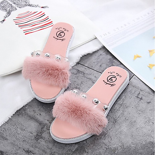 

Women's Slippers & Flip-Flops Fuzzy Slippers Summer Flat Heel Open Toe Daily PVC Black / Pink / Brown