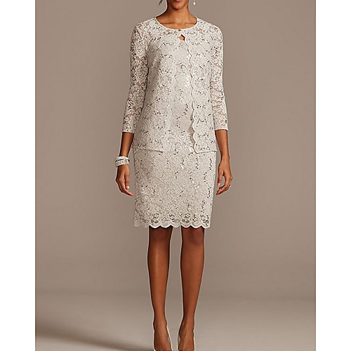 

Two Piece Sheath / Column Mother of the Bride Dress Elegant Scoop Neck Knee Length Lace 3/4 Length Sleeve with Beading Embroidery 2020