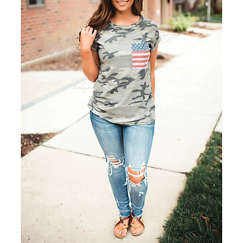 

Women's National Flag Patchwork Print T-shirt Daily Army Green
