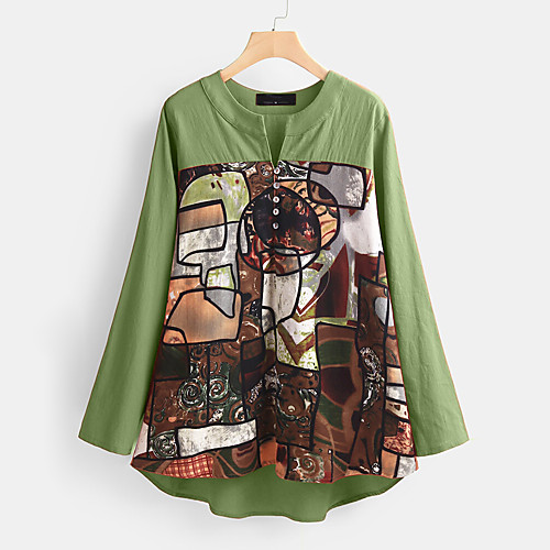 

Women's Blouse Shirt Abstract Long Sleeve Print V Neck Tops Loose Cotton Vintage Basic Top Green Navy Blue