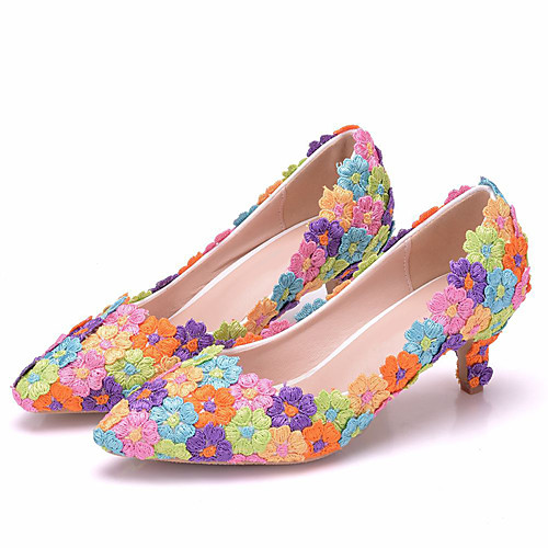 

Women's Heels Fall & Winter Cuban Heel Pointed Toe Sweet Minimalism Wedding Party & Evening Satin Flower PU Rainbow