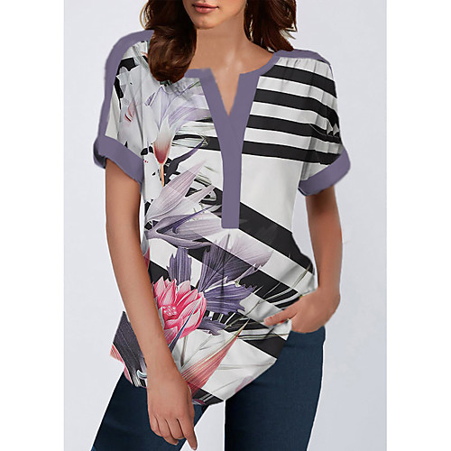 

Women's Striped Floral Print Blouse Daily V Neck Purple