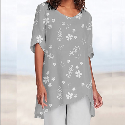 

Women's Blouse Shirt Floral Flower Round Neck Tops Basic Top Blue Khaki Gray