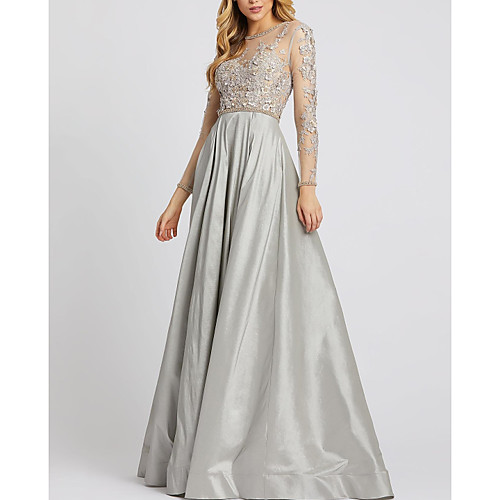 

A-Line Elegant Grey Engagement Formal Evening Dress Illusion Neck Long Sleeve Floor Length Satin with Pleats Appliques 2020