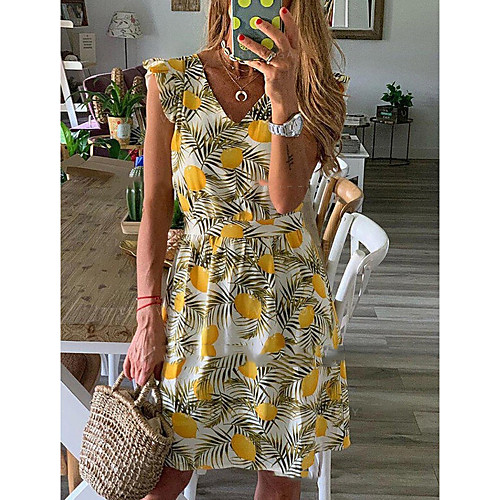 

Women's A-Line Dress Knee Length Dress - Short Sleeves Floral Summer Elegant 2020 Yellow S M L XL XXL XXXL