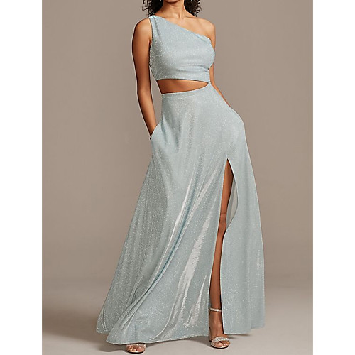 

Two Piece Glittering Grey Holiday Prom Dress One Shoulder Sleeveless Floor Length Satin with Sleek Split 2020