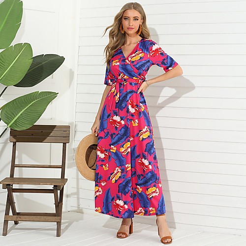 

Women's A Line Dress - Short Sleeves Geometric Summer Fall Elegant Mumu Party Going out 2020 Blue Fuchsia Royal Blue S M L