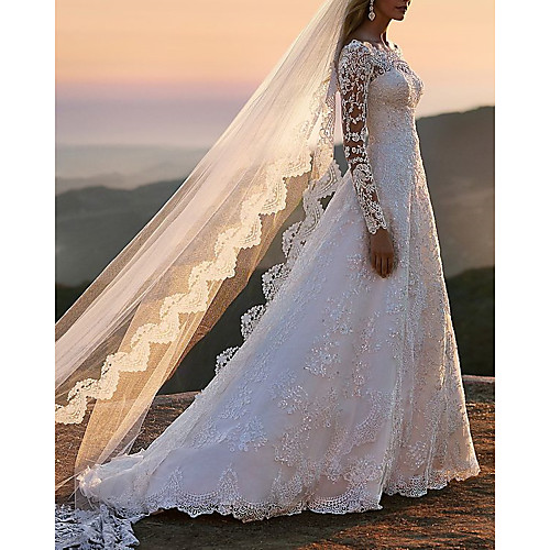 

A-Line Wedding Dresses Off Shoulder Sweep / Brush Train Lace Tulle Long Sleeve Romantic See-Through with Beading 2020