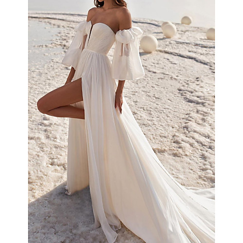 

A-Line Wedding Dresses Off Shoulder Strapless Court Train Chiffon Over Satin 3/4 Length Sleeve Sexy with Split Front 2020