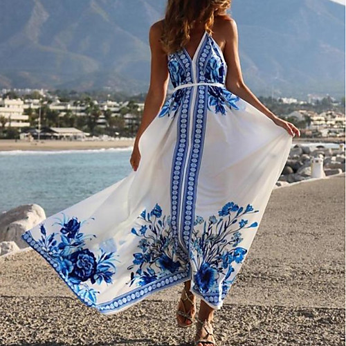 

Women's Chiffon Dress Maxi long Dress - Sleeveless Floral Summer Sexy Chinoiserie 2020 White S M L XL