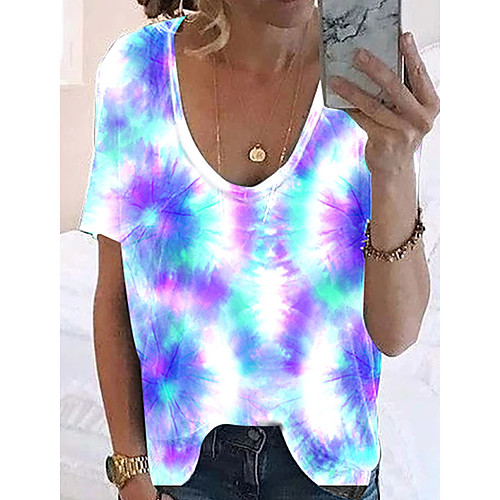 

Women's Tops Color Block T-shirt V Neck Loose Daily Summer Blue Purple Red S M L XL 2XL