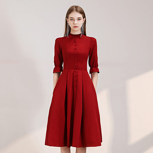 

A-Line Reformation Amante Minimalist Homecoming Cocktail Party Dress High Neck Half Sleeve Knee Length Spandex with Sleek Buttons 2021