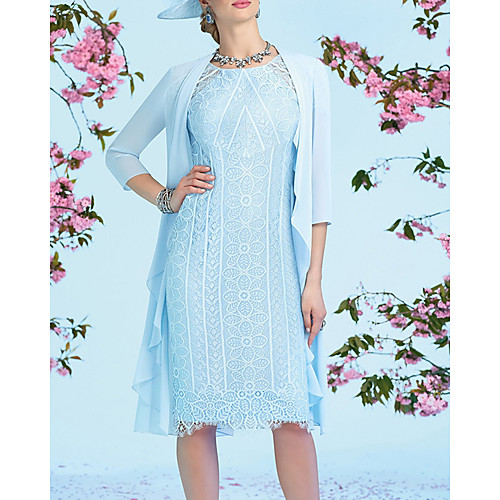 

Two Piece Sheath / Column Mother of the Bride Dress Elegant Jewel Neck Knee Length Lace 3/4 Length Sleeve with Embroidery 2020