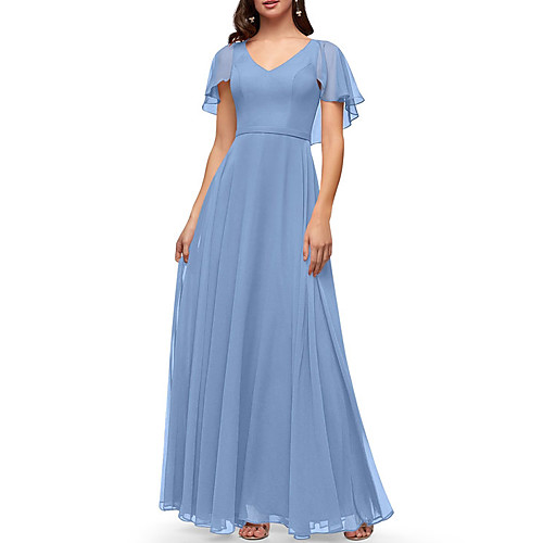 

A-Line V Neck Floor Length Chiffon Bridesmaid Dress with Pleats