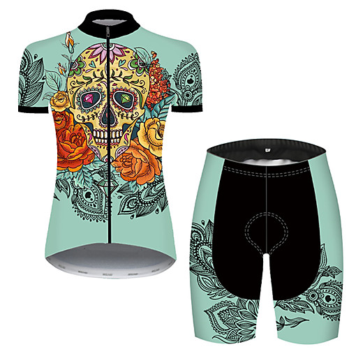 

21Grams Women's Short Sleeve Cycling Jersey with Shorts Nylon Polyester Black / Yellow Skull Floral Botanical Funny Bike Clothing Suit Breathable 3D Pad Quick Dry Ultraviolet Resistant Reflective