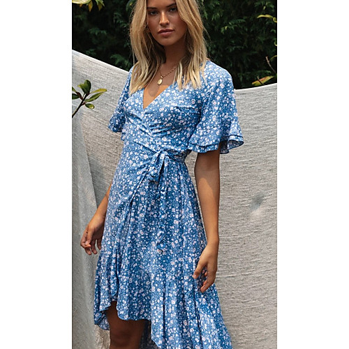 

Women's A-Line Dress Maxi long Dress - Short Sleeves Floral Summer Boho 2020 Blue S M L XL