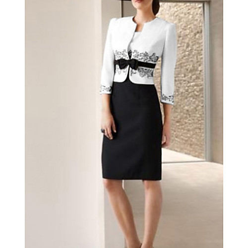 

Two Piece Sheath / Column Mother of the Bride Dress Elegant Jewel Neck Knee Length Lace Satin 3/4 Length Sleeve with Bow(s) Appliques 2021