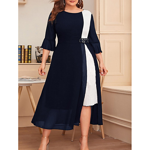 

Women's A-Line Dress Midi Dress - 3/4 Length Sleeve Color Block Summer Casual 2020 Wine Black Green Navy Blue XL XXL XXXL XXXXL