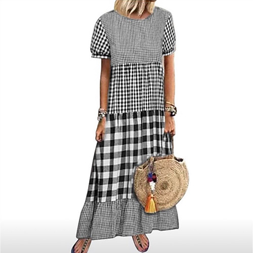 

Women's A-Line Dress Maxi long Dress - Short Sleeves Plaid Summer Casual 2020 Wine Gray S M L XL XXL XXXL XXXXL XXXXXL