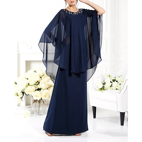 

Sheath / Column Mother of the Bride Dress Elegant Jewel Neck Floor Length Chiffon Half Sleeve with Beading 2021