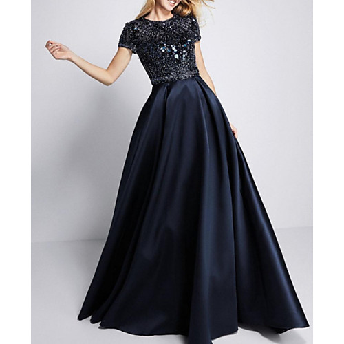 

A-Line Sparkle Elegant Engagement Formal Evening Dress Jewel Neck Short Sleeve Sweep / Brush Train Satin with Sequin 2021