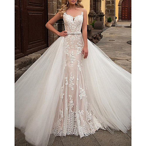

Mermaid / Trumpet Wedding Dresses Jewel Neck Sweep / Brush Train Detachable Lace Tulle Chiffon Over Satin Sleeveless Formal Sexy See-Through with Sashes / Ribbons Embroidery 2020