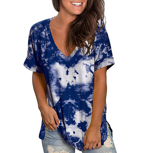 

Women's T shirt Tie Dye Printing V Neck Tops Basic Top Blue Purple Red