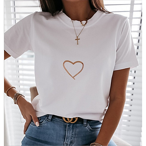 

Women's T-shirt Floral Heart Flower Round Neck Tops Basic Top White Black Gold