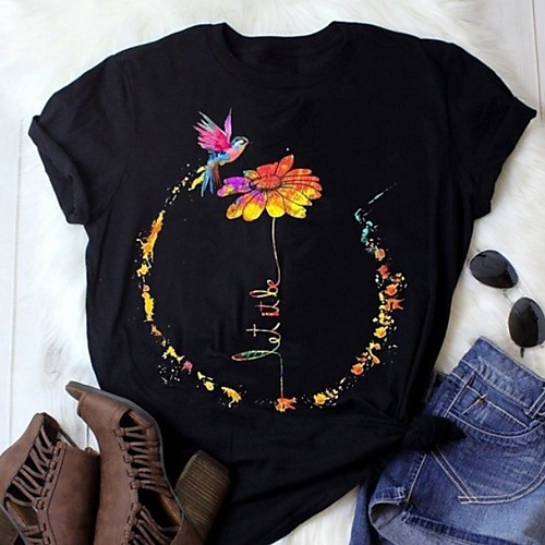 

Women's Tops Floral T-shirt Round Neck Daily Summer Wine Black Army Green Navy Blue S M L XL 2XL 3XL