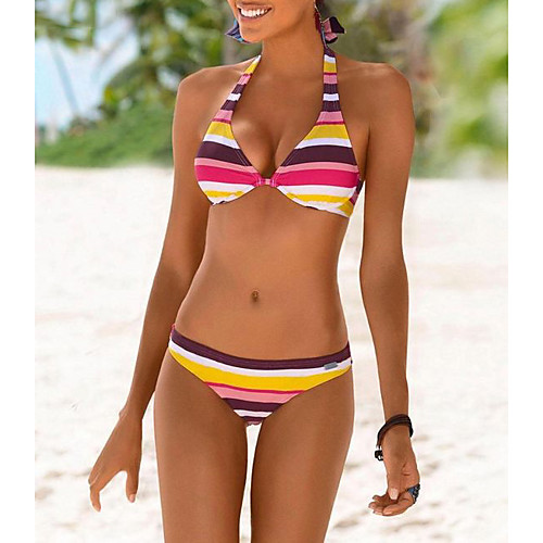 

Women's Bikini Swimwear Swimsuit - Striped S M L Wine Blue Green