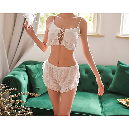 

Women's Lace Backless Cut Out Suits Nightwear Jacquard Solid Colored White One-Size