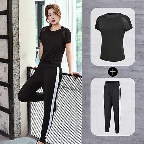 

Women's 2pcs Tracksuit Yoga Suit Patchwork Stripes Black Purple Dark Purple Mesh Yoga Running Fitness Tee / T-shirt Pants / Trousers Short Sleeve Sport Activewear Breathable Reflective Logo Quick Dry