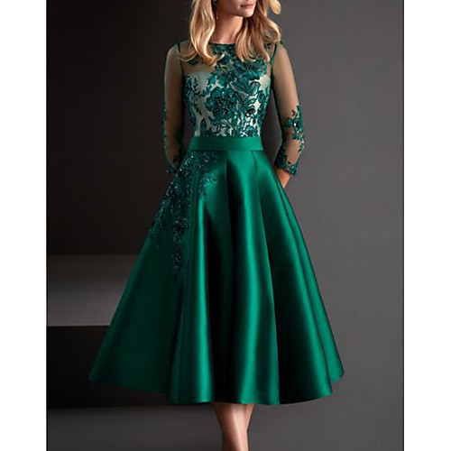

A-Line Elegant Floral Homecoming Cocktail Party Dress Illusion Neck 3/4 Length Sleeve Tea Length Satin with Pleats Appliques 2021
