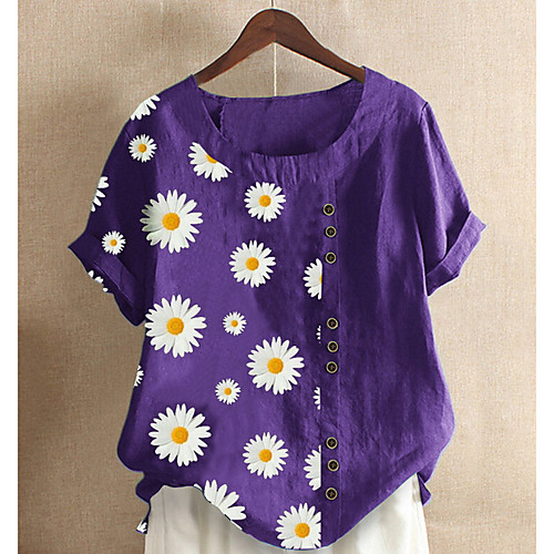 

Women's Blouse Shirt Floral Flower Round Neck Tops Loose Basic Top Blue Purple Green