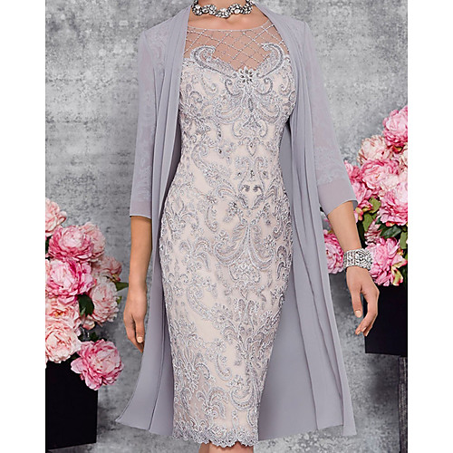 

Two Piece Sheath / Column Mother of the Bride Dress Elegant Illusion Neck Knee Length Lace 3/4 Length Sleeve with Embroidery 2021