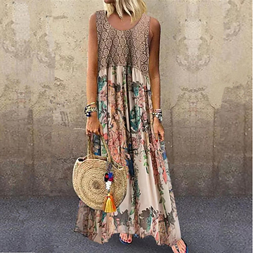 

Women's Swing Dress Maxi long Dress - Sleeveless Floral Ruched Patchwork Print Summer Fall Casual Boho Holiday Going out 2020 Khaki S M L XL XXL XXXL XXXXL XXXXXL