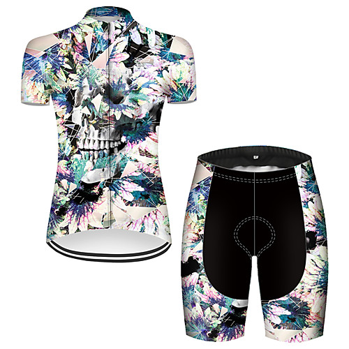 

21Grams Women's Short Sleeve Cycling Jersey with Shorts Nylon Polyester Black / Blue Skull Floral Botanical Bike Clothing Suit Breathable 3D Pad Quick Dry Ultraviolet Resistant Reflective Strips