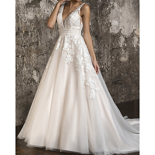 

A-Line Wedding Dresses V Neck Sweep / Brush Train Tulle Sleeveless Formal with Appliques 2021