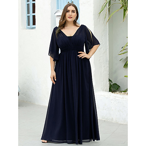 

A-Line Mother of the Bride Dress Elegant Vintage V Neck Floor Length Chiffon Half Sleeve with Lace 2020