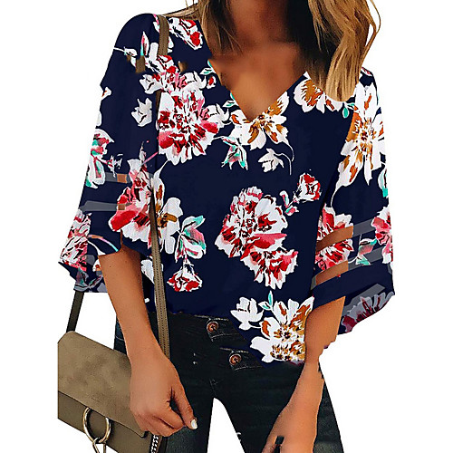 

Women's T shirt Floral Flower V Neck Tops Basic Top Navy Blue