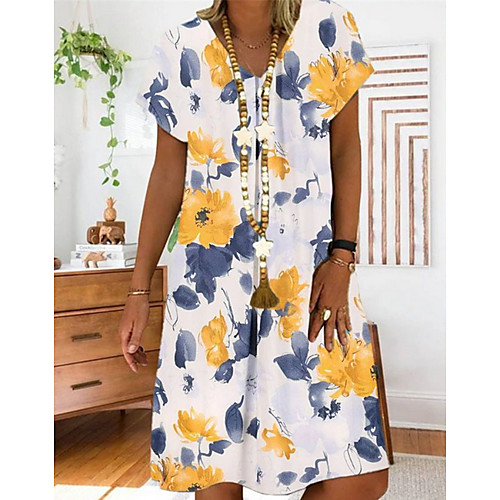 

Women's A-Line Dress Knee Length Dress - Short Sleeves Floral Summer Work 2020 Yellow Blushing Pink Khaki Green S M L XL XXL XXXL XXXXL XXXXXL