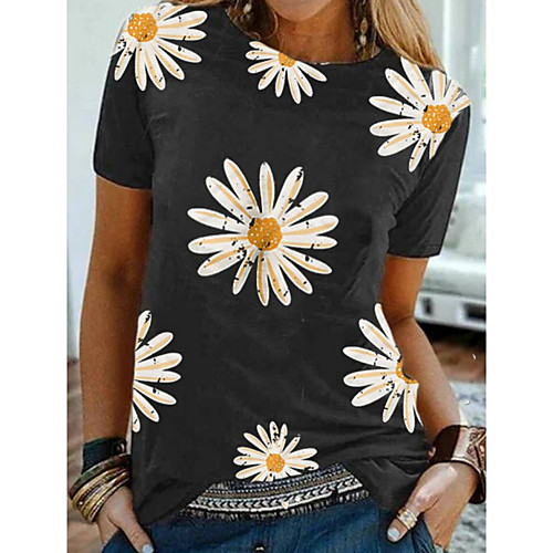 

Women's Tops Floral T-shirt Round Neck Daily Summer Wine White Black Green Gray S M L XL 2XL 3XL