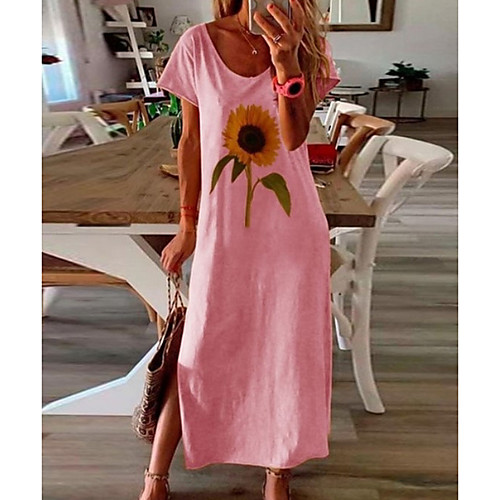 

Women's Shift Dress Midi Dress White Black Blue Yellow Blushing Pink Short Sleeve Floral Summer Round Neck Work 2021 S M L XL XXL 3XL 4XL 5XL