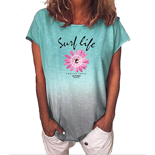 

Women's T-shirt Geometric Letter Tops Round Neck Cotton Daily Summer Blue Purple Yellow S M L XL 2XL 3XL 4XL 5XL