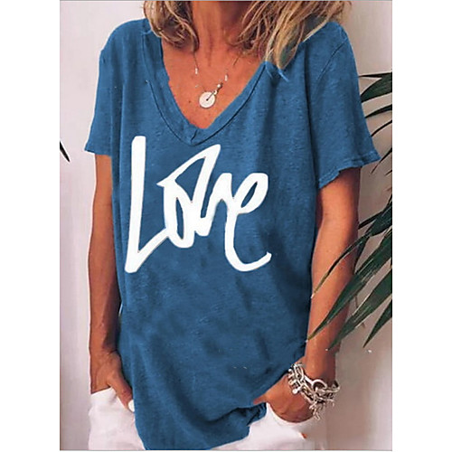 

Women's T shirt Love Printing Letter V Neck Tops Cotton Basic Top Blue Green Light Green
